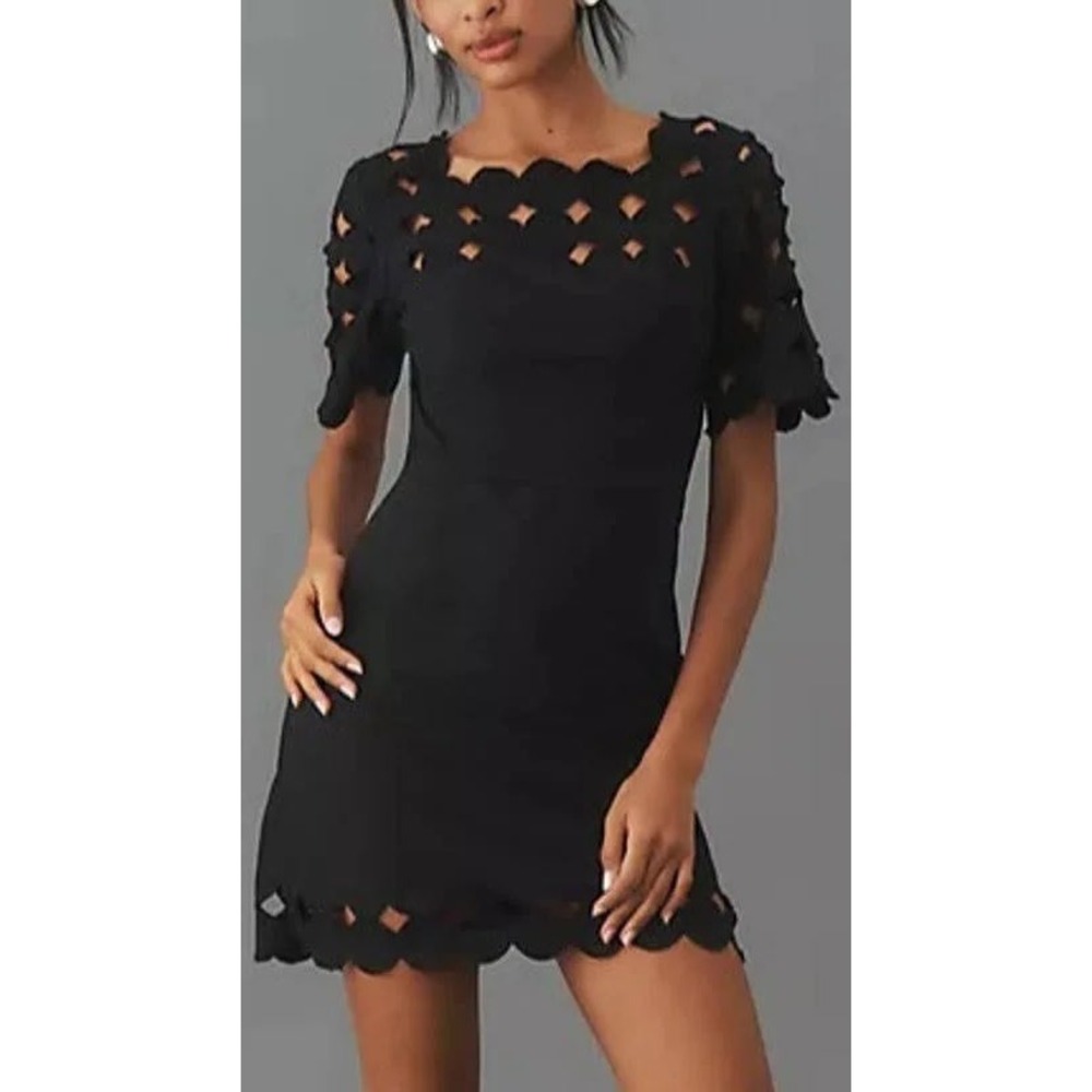 Anthropologie‎ Cutwork Mini Shift Dress Black Size 0 NWOT Retail $178